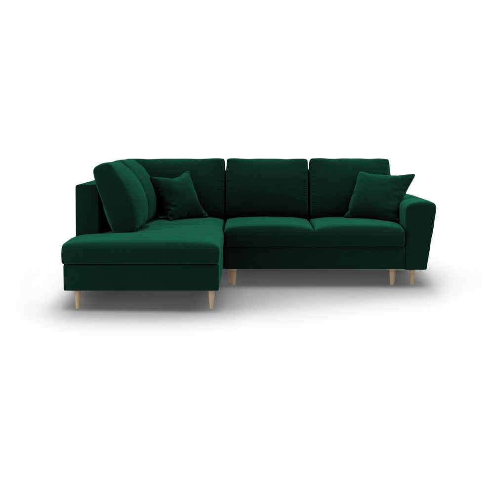 Colțar verde extensibil, cu spațiu de depozitare cu tapițerie din catifea (cu colț pe partea stângă-în formă de ”L”) Kyoto – Cosmopolitan Design