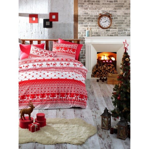 Lenjerie cu cearceaf pentru pat de o persoană, din bumbac ranforsat Nazenin Home Winter Red, 140 x 200 cm