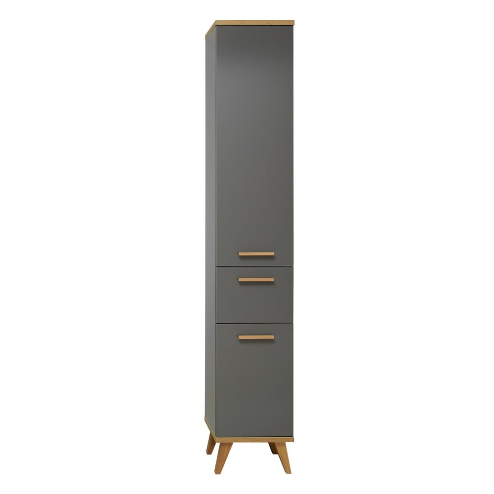 Dulap de baie gri înalt/îngust cu aspect de lemn de stejar 35,5x205 cm Quickset 924 – Pelipal