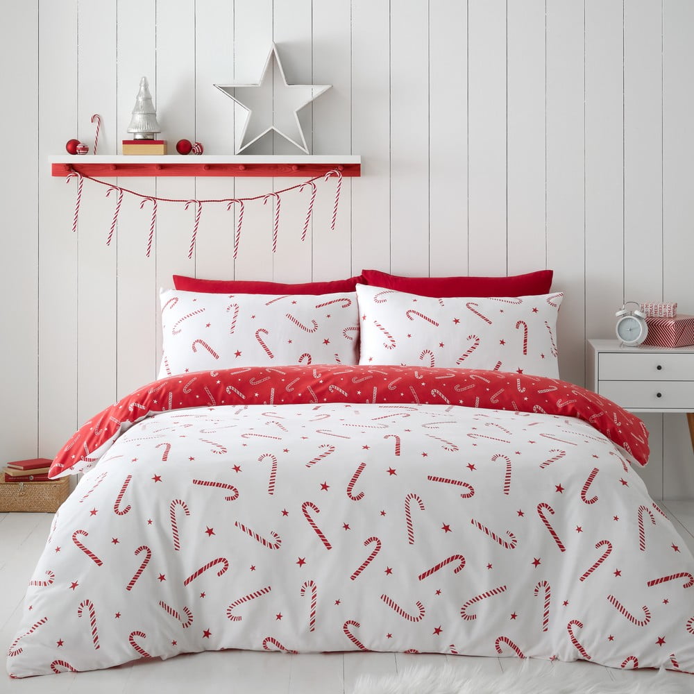 Lenjerie de pat roșie-albă din micropluș pentru pat de o persoană 135×200 cm Candy Cane – Catherine Lansfield 135x200 imagine noua