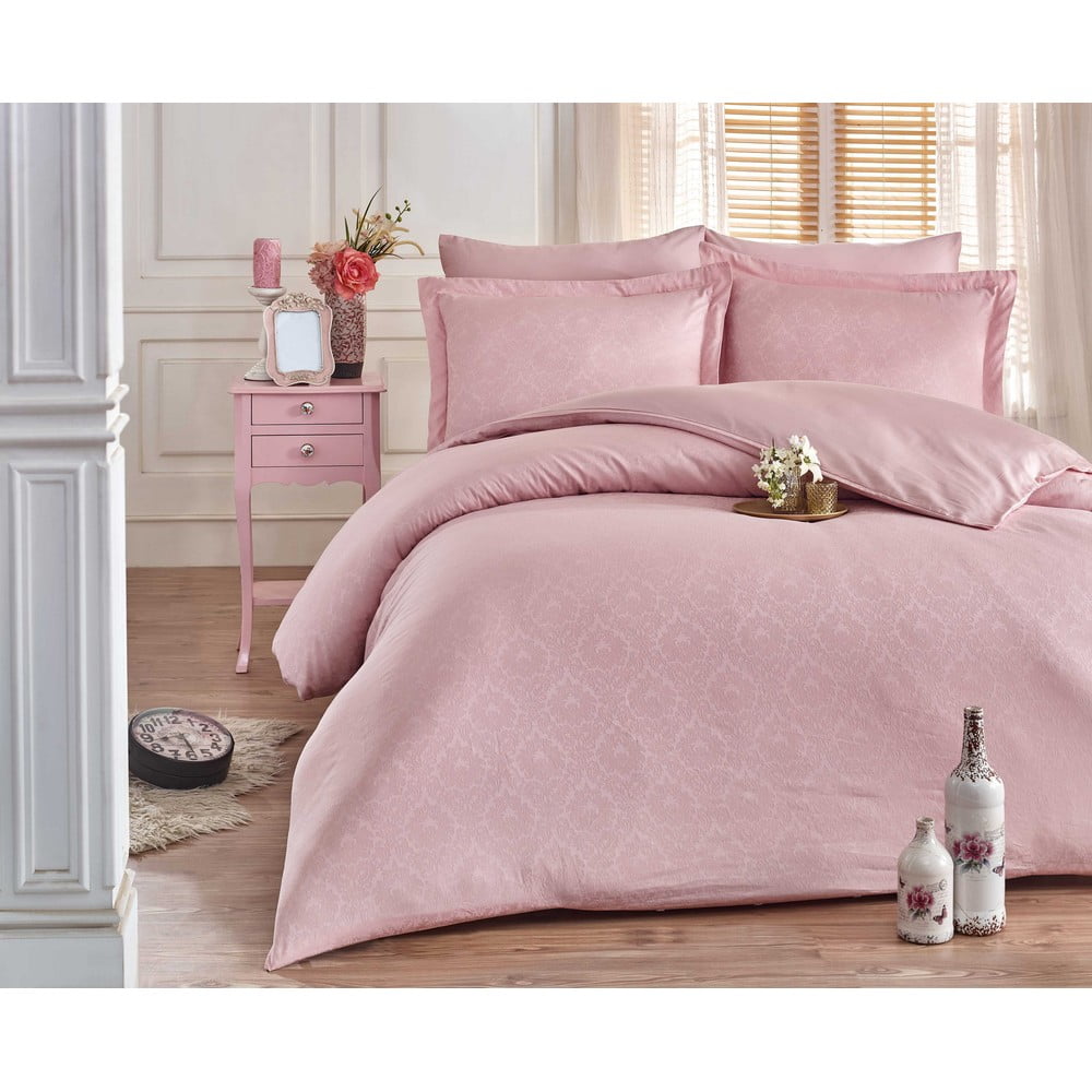 Lenjerie de pat din bumbac satinat pentru pat dublu cu cearșaf Hobby Damask, 200 x 220 cm, roz 200 imagine noua