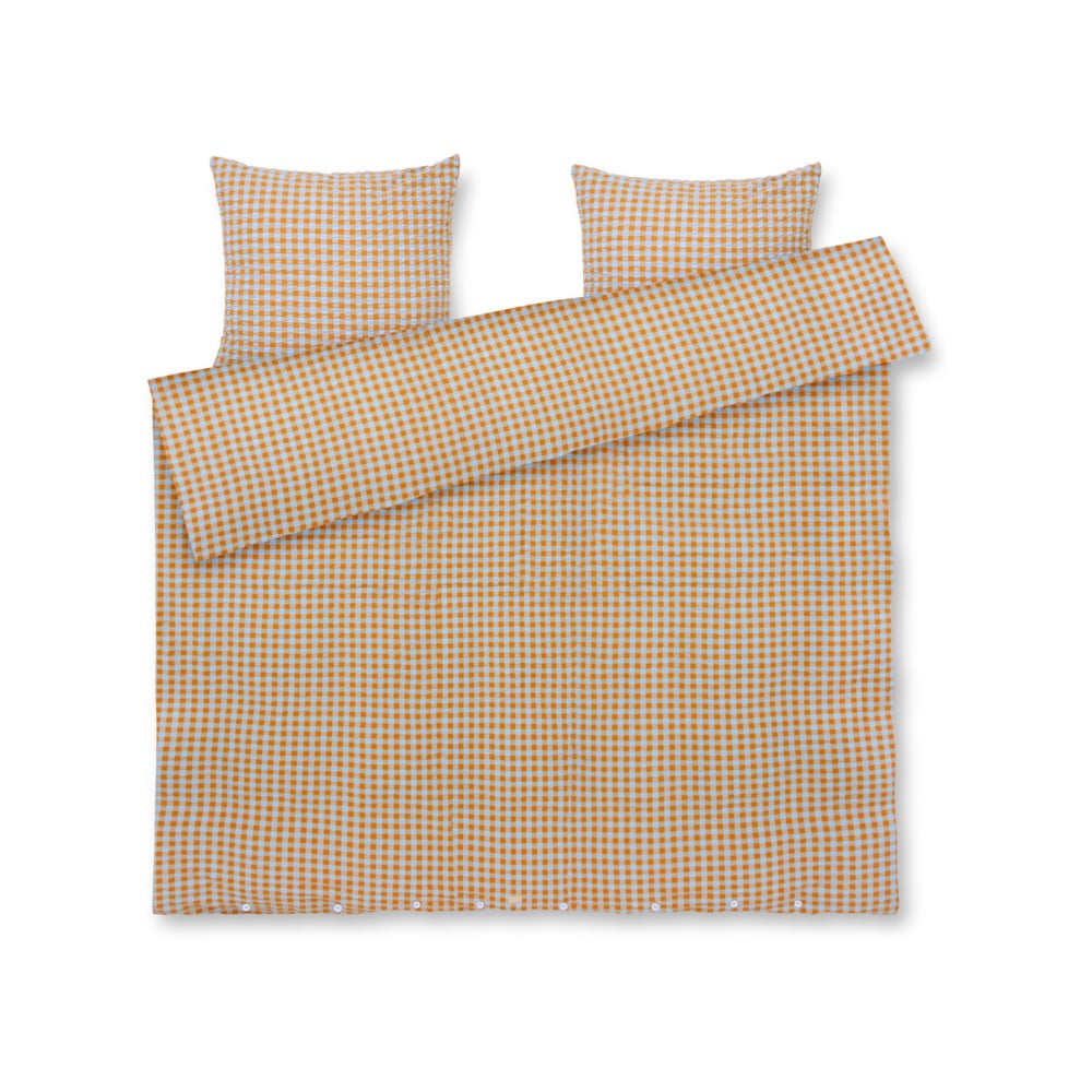 Lenjerie de pat galben ocru/albastru-deschis din țesătură crep pentru pat dublu/extinsă 200x220 cm Bæk&Bølge – JUNA