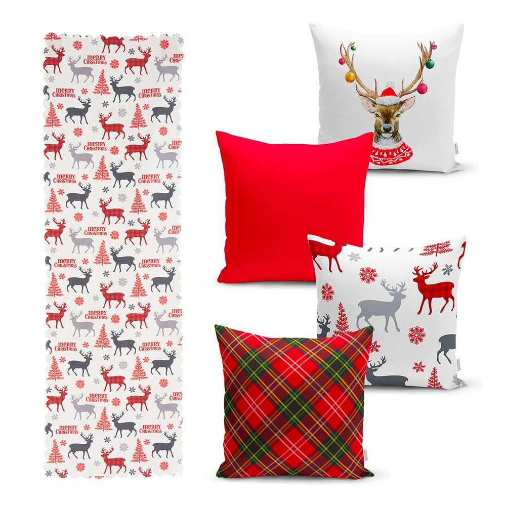 Set 4 fețe de pernă și un napron de masă cu model de Crăciun Minimalist Cushion Covers Christmas Ornaments bonami.ro