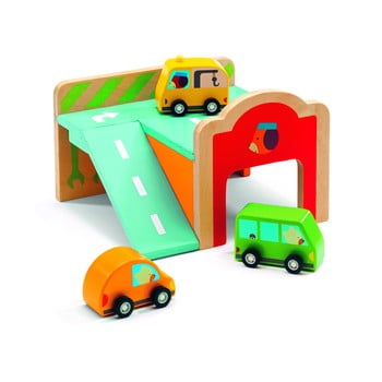Set 3 mașini din lemn cu garaj djeco garage