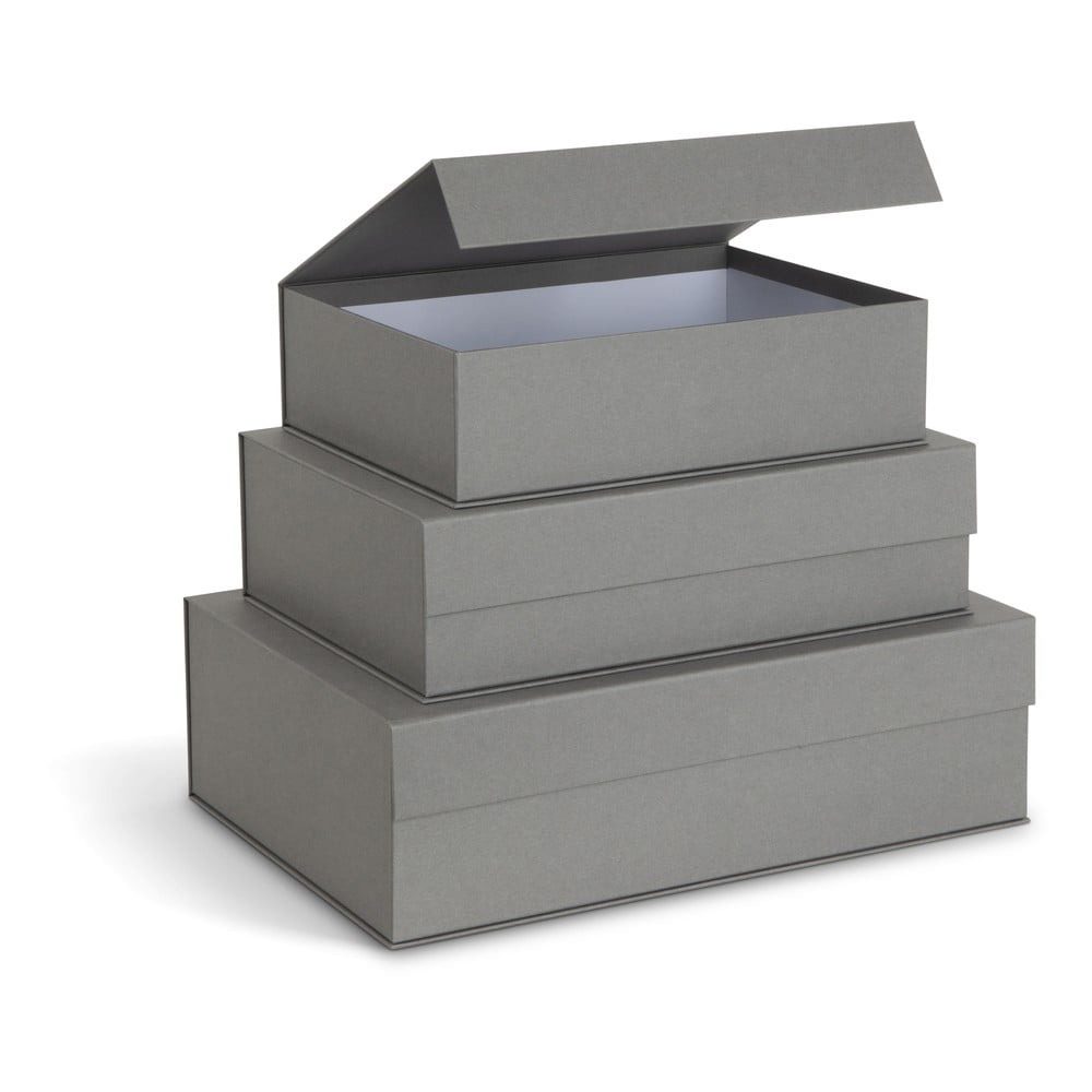 Cutii de depozitare gri 3 buc. din carton cu capac, decorative 42,5x29,5x13 cm Kian Paper Laminate – Bigso