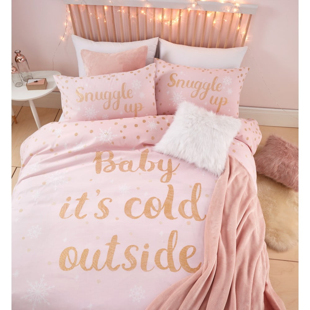 Lenjerie de pat din fleece Catherine Lansfield „Baby it is cold outside”, 135 x 200 cm, roz 135 imagine noua somnexpo.ro