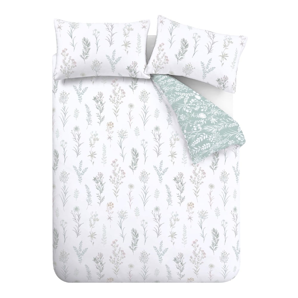 Lenjerie de pat alb-verde din bumbac pentru pat de o persoană 135x200 cm Wild Flowers – Bianca