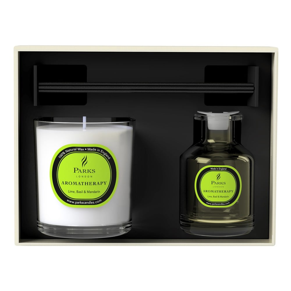 Set cadou lumânări și difuzor Parks Candles London Aromatherapy, aromă limetă și busuioc