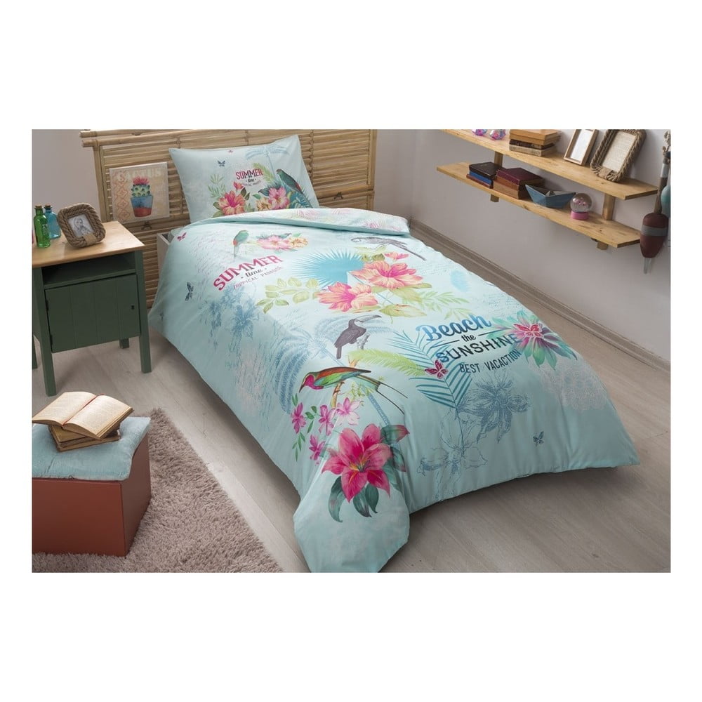Lenjerie cu cearșaf din bumbac ranforce pentru pat dublu Summer Turquoise, 160 x 220 cm bonami.ro imagine 2022