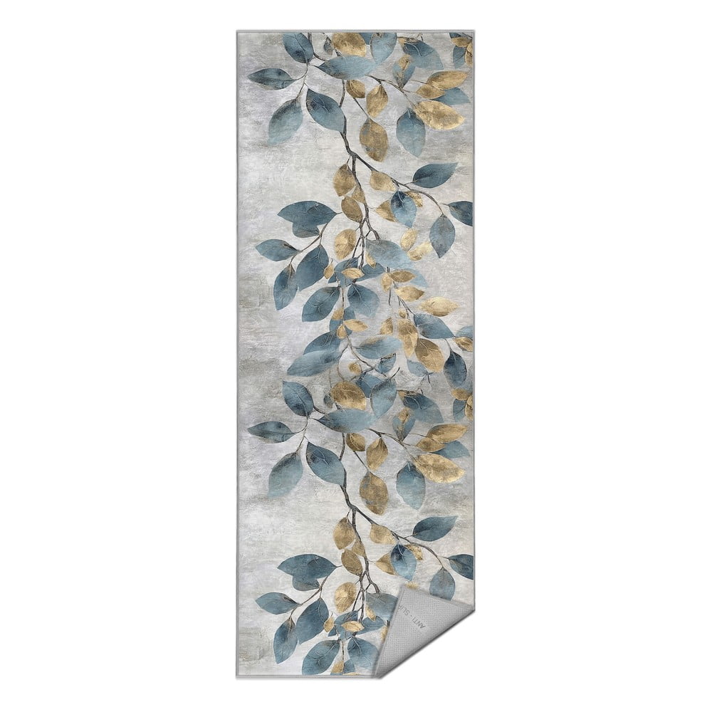 Covor tip traversă albastru deschis/auriu lavabil 80x200 cm Golden Leaves – Mila Home