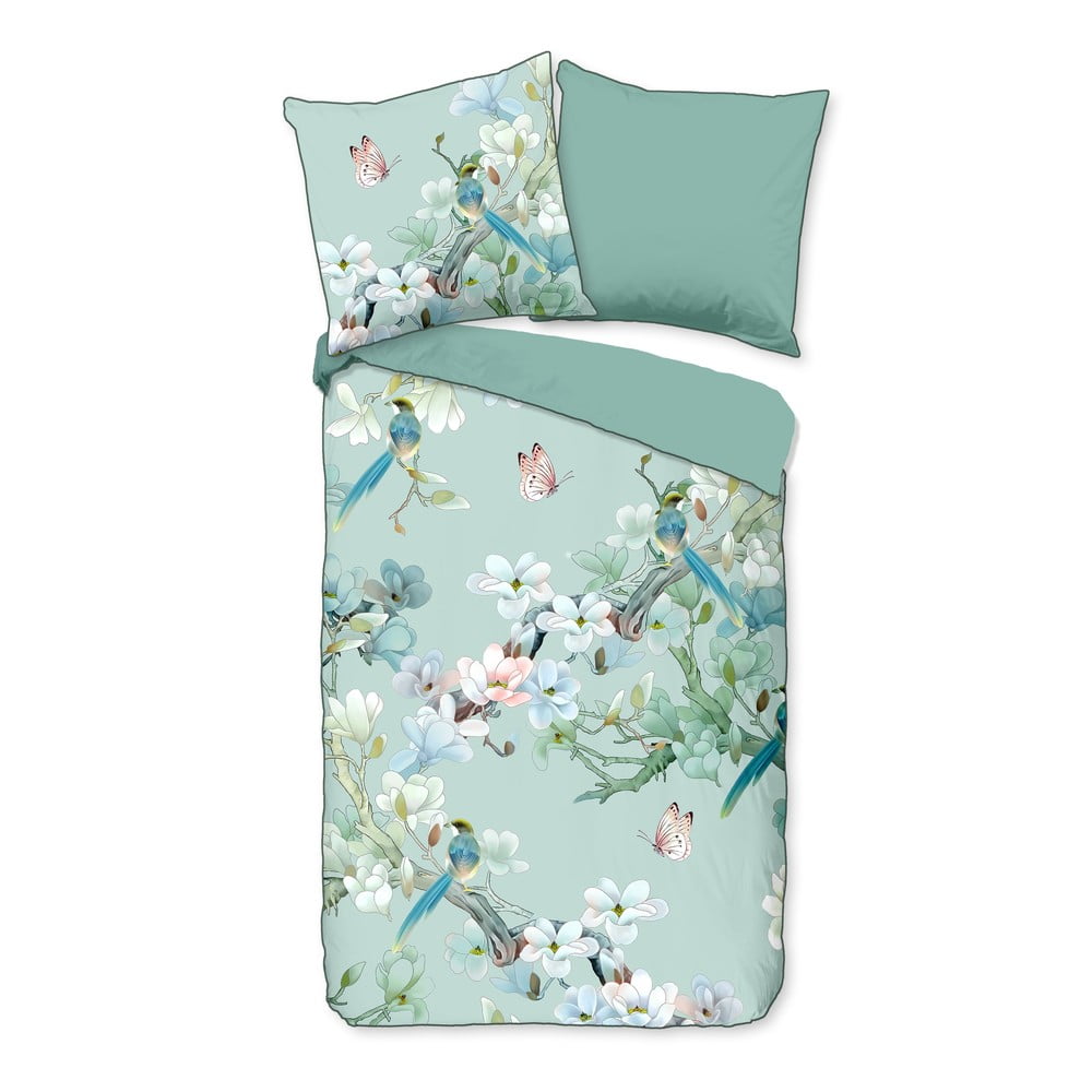 Lenjerie de pat din bumbac organic pentru pat dublu Descanso Flowery, 200 x 200 cm, verde 200 imagine noua somnexpo.ro