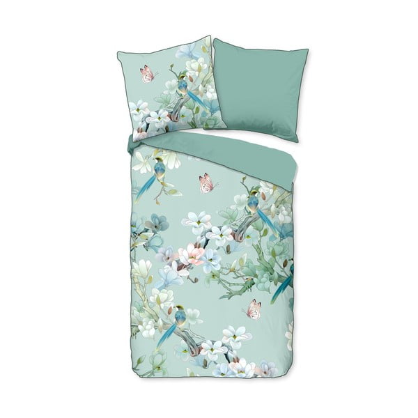 Lenjerie de pat din bumbac organic pentru pat dublu Descanso Flowery, 200 x 200 cm, verde