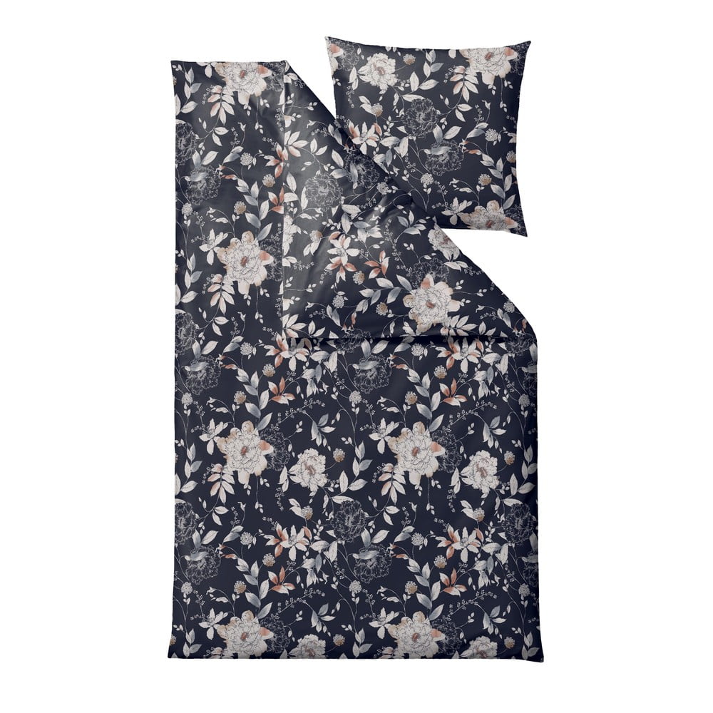 Lenjerie de pat din bumbac organic satinat Södahl Organic Garden Bloom, 140 x 200, albastru închis bonami.ro
