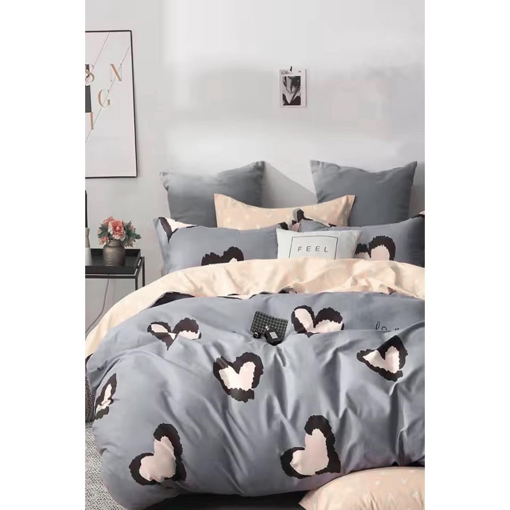 Lenjerie de pat gri/bej din bumbac ranforcé pentru pat dublu/extinsă cu cearceaf inclus/cu 4 piese 200x220 cm Double Heart – Mila Home