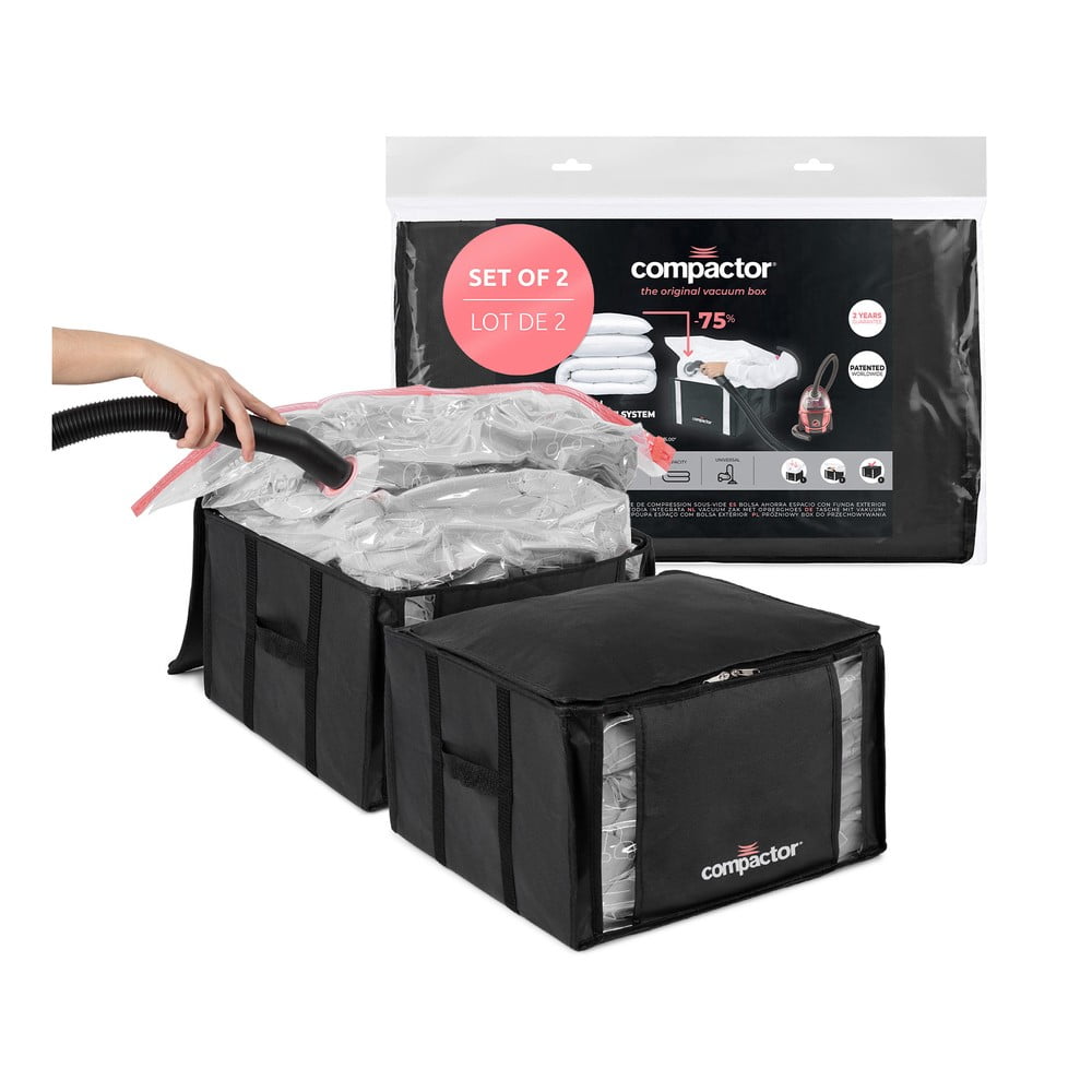 Cutii de depozitare pentru haine 2 buc. din material textil cu vacuum/cu pereți întăriți 42x25x25 cm Black Edition – Compactor
