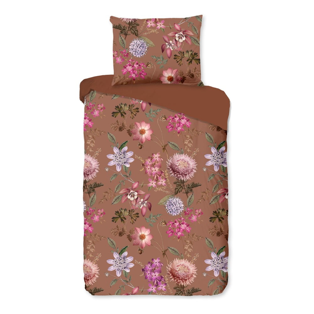 Lenjerie de pat din bumbac satinat pentru pat dublu Bonami Selection Blossom, 200 x 200 cm, maro teracotă Bonami Selection