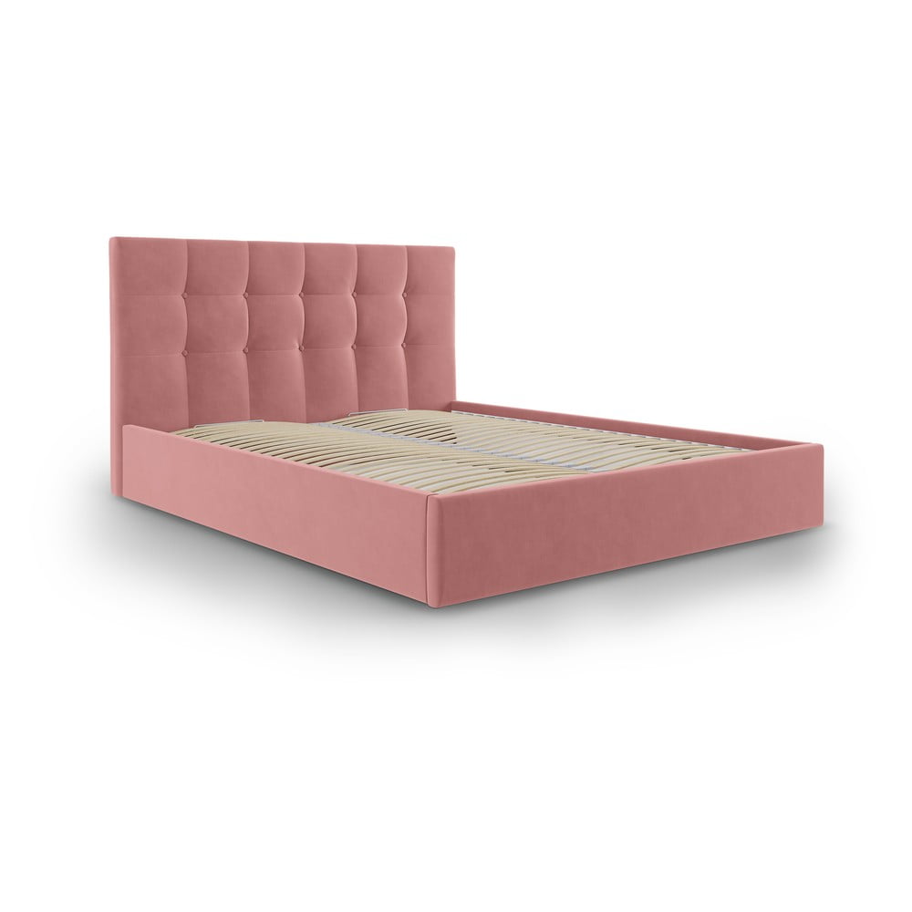 Pat matrimonial 160×200 cm roz tapițat cu spațiu de depozitare cu somieră Nerin – Mazzini Beds 160x200 imagine noua
