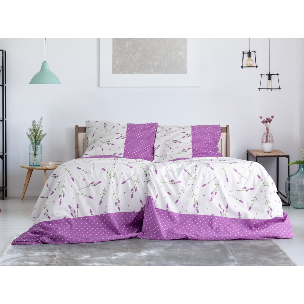 Lenjerie de pat albă/mov din microfibră pentru pat de o persoană 140x200 cm – b.e.s.