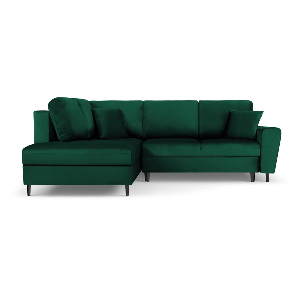Colțar verde extensibil, cu spațiu de depozitare cu tapițerie din catifea (cu colț pe partea stângă, în formă de ”L”) Kyoto – Cosmopolitan Design