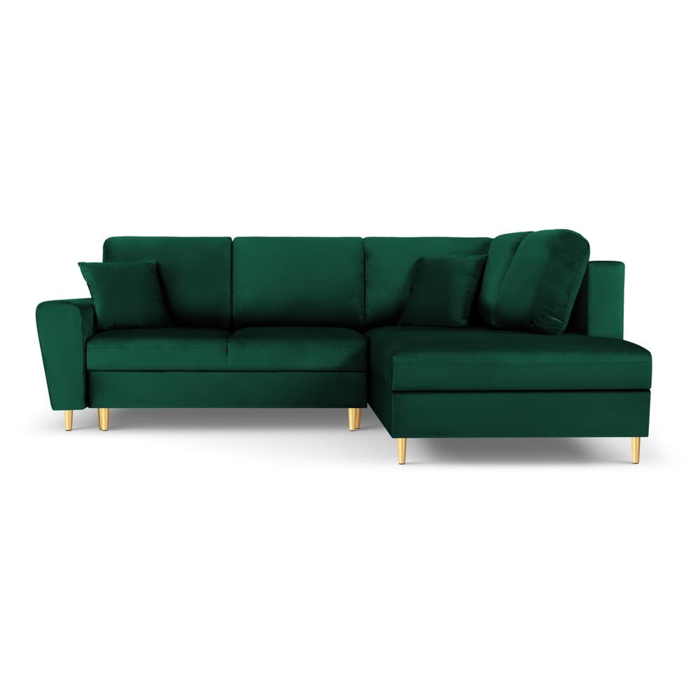 Colțar verde extensibil, cu spațiu de depozitare cu tapițerie din catifea (cu colț pe partea dreaptă, în formă de ”L”) Kyoto – Cosmopolitan Design