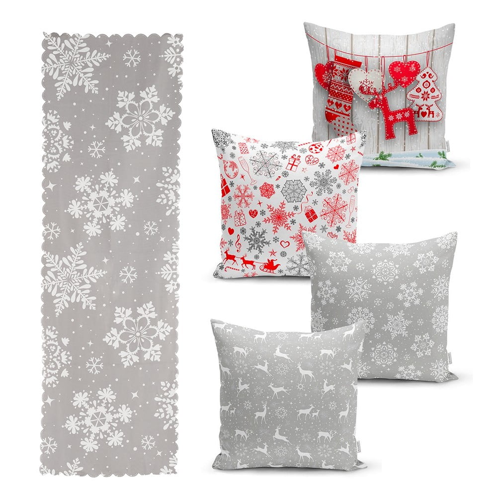 Set 4 fețe de pernă și un napron de masă cu model de Crăciun Minimalist Cushion Covers Snowflakes bonami.ro