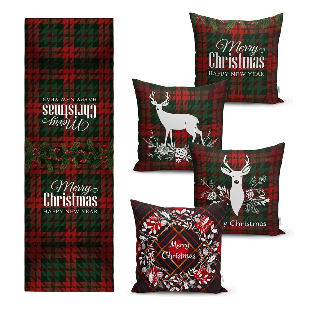 Set 4 fețe de pernă și un napron de masă cu model de Crăciun Minimalist Cushion Covers Tartan Christmas bonami.ro imagine noua
