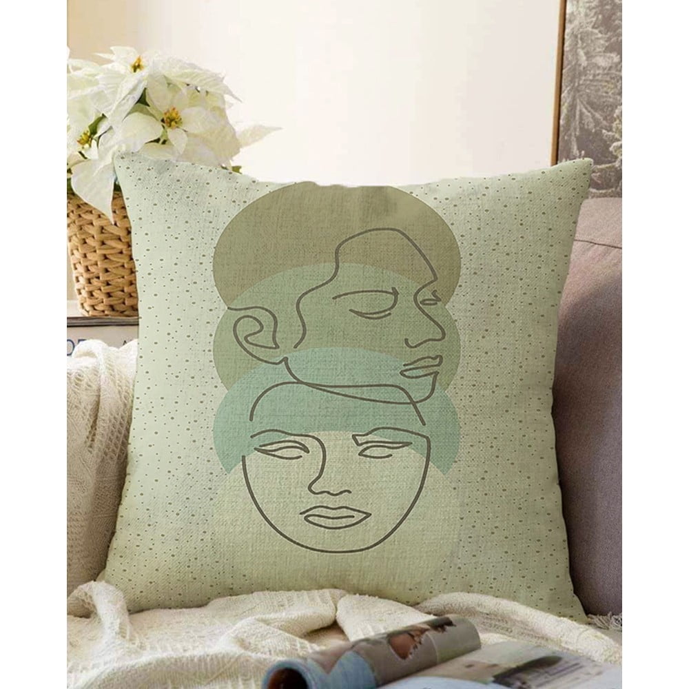 Față de pernă din amestec de bumbac Minimalist Cushion Covers Faces, 55 x 55 cm, verde amestec imagine noua somnexpo.ro