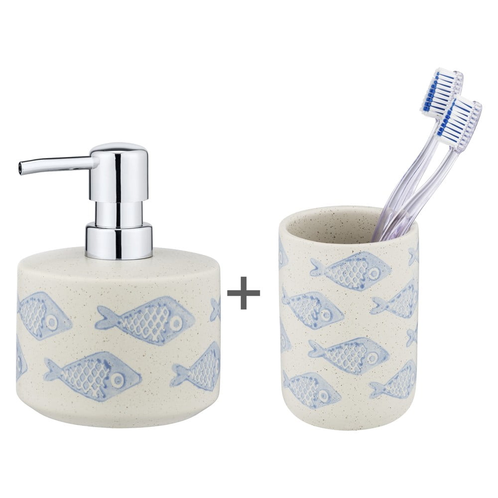 Set de accesorii de baie alb/albastru din ceramică Aquamarin – Wenko