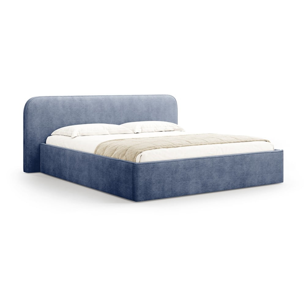 Pat matrimonial albastru închis tapițat cu spațiu de depozitare cu somieră 140x200 cm Elizabeth – Micadoni