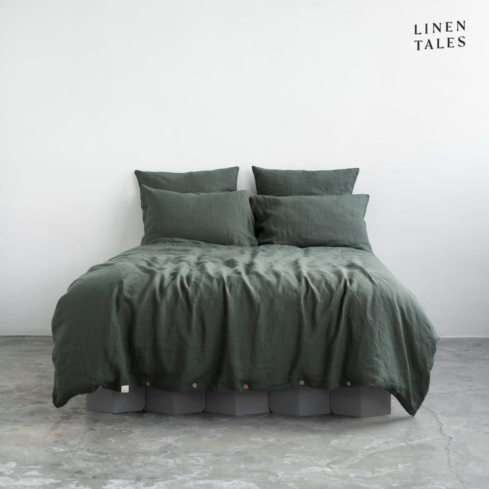 Lenjerie de pat verde-închis din in pentru pat de o persoană 135×200 cm – Linen Tales 135x200