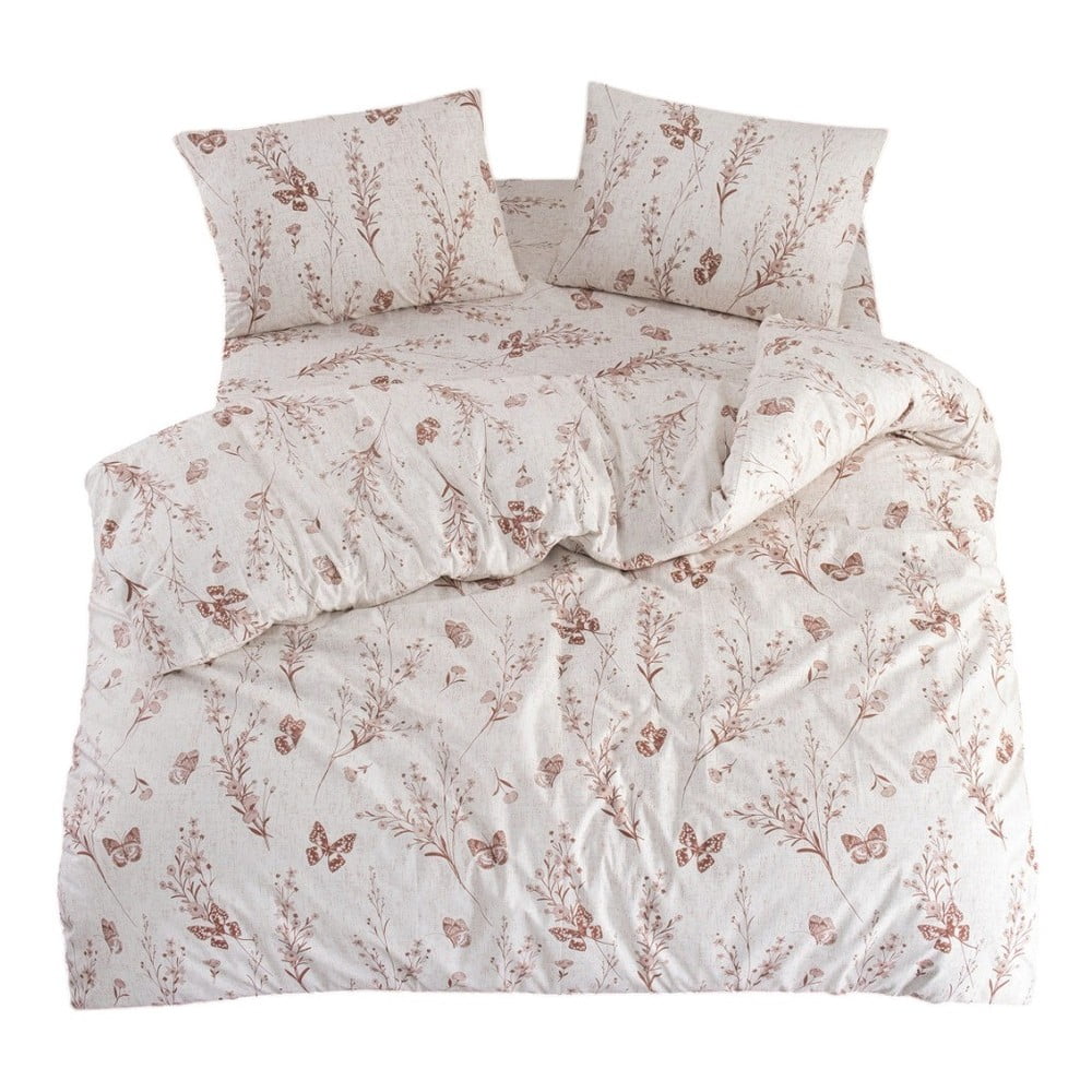 Lenjerie de pat bej pentru pat dublu/extinsă cu cearceaf inclus/cu 4 piese 200x220 cm Floral Butterfly – Mila Home