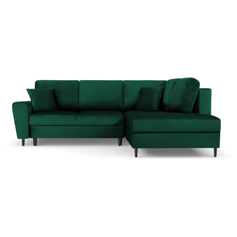Colțar verde extensibil, cu spațiu de depozitare cu tapițerie din catifea (cu colț pe partea dreaptă, în formă de ”L”) Kyoto – Cosmopolitan Design