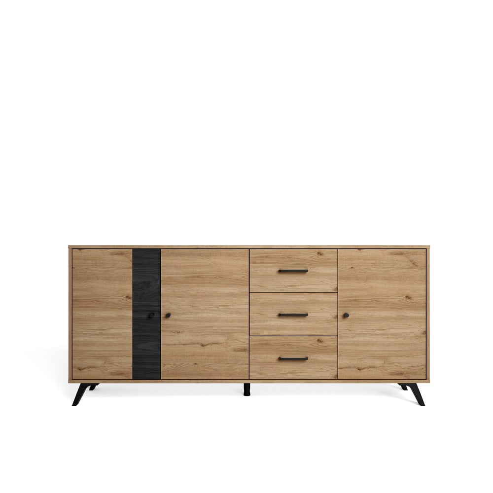 Comodă negru/natural joasă cu aspect de lemn de stejar 181x81 cm natura – marckeric