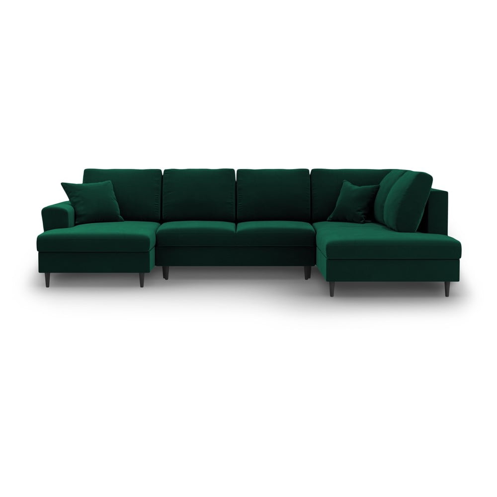 Colțar verde extensibil, cu spațiu de depozitare cu tapițerie din catifea (cu colț pe partea dreaptă-în formă de 