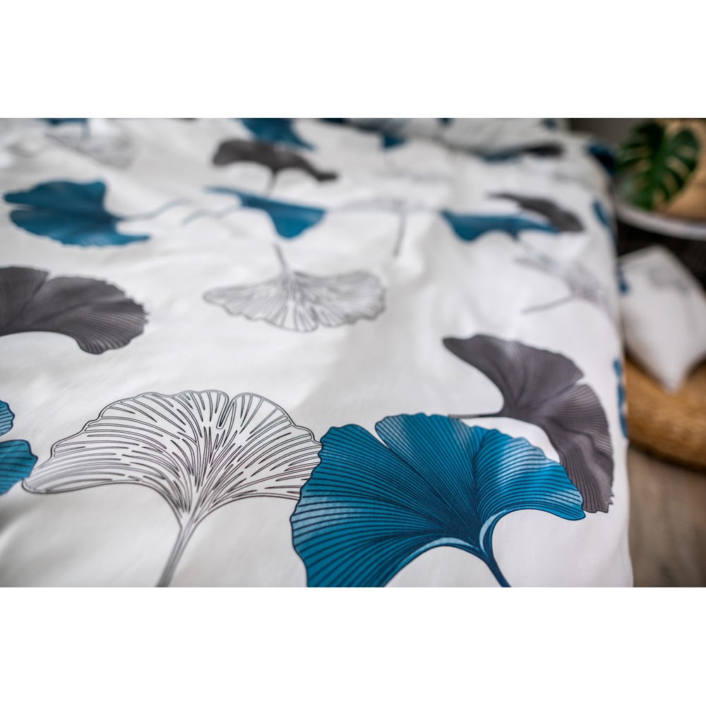 Lenjerie de pat din bumbac satinat Cotton House Ginko, 140 x 200 cm, gri – albastru 140 imagine noua somnexpo.ro