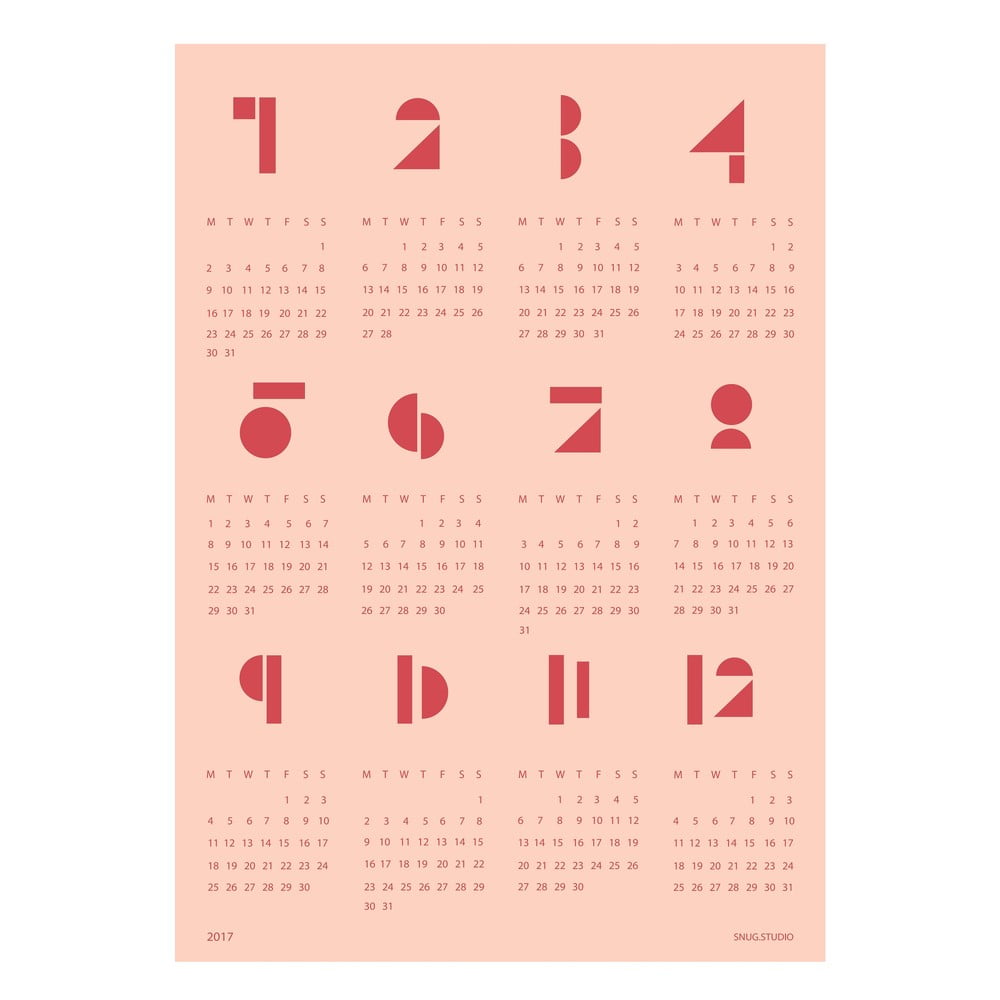 Calendar de perete SNUG Toy Blocks 2017, roz