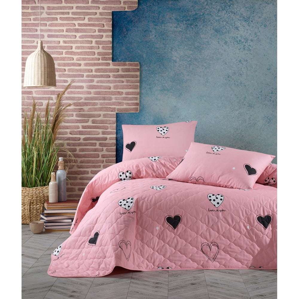 Cuvertură de pat cu 2 fețe de pernă din bumbac ranforce EnLora Home Hati, 225 x 240 cm, roz bonami.ro pret redus