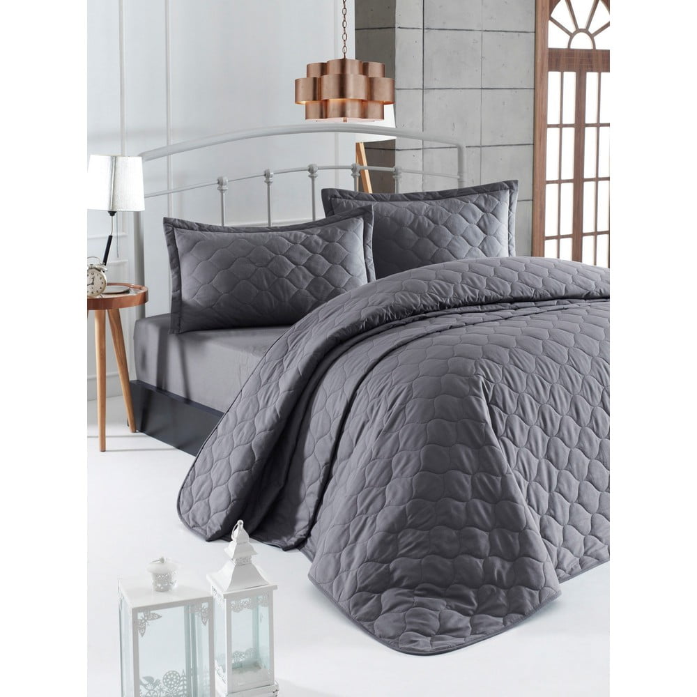 Cuvertură de pat cu față de pernă din bumbac ranforce enlora home fresh, 180 x 225 cm, gri închis