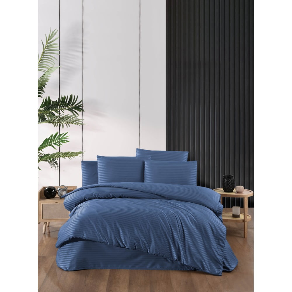 Lenjerie de pat albastră din damasc pentru pat dublu, extinsă cu cearceaf inclus, cu 4 piese 200x220 cm – Mila Home