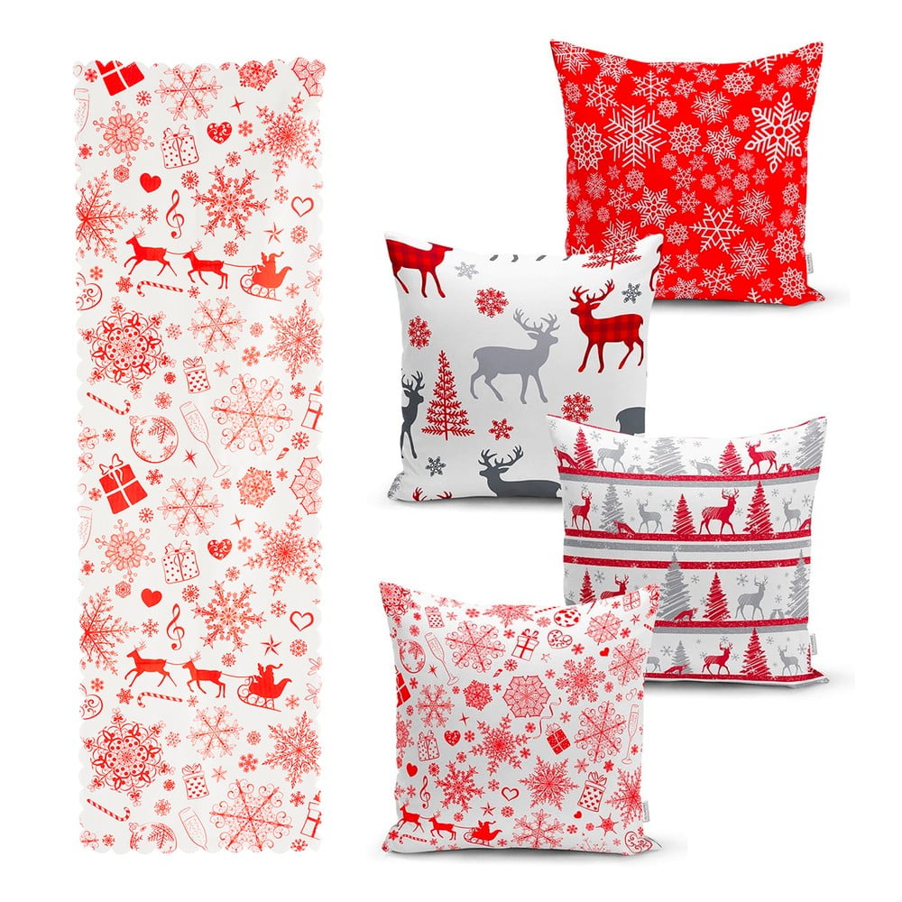 Set 4 fețe de pernă și un napron de masă cu model de Crăciun Minimalist Cushion Covers Red Snowflake bonami.ro