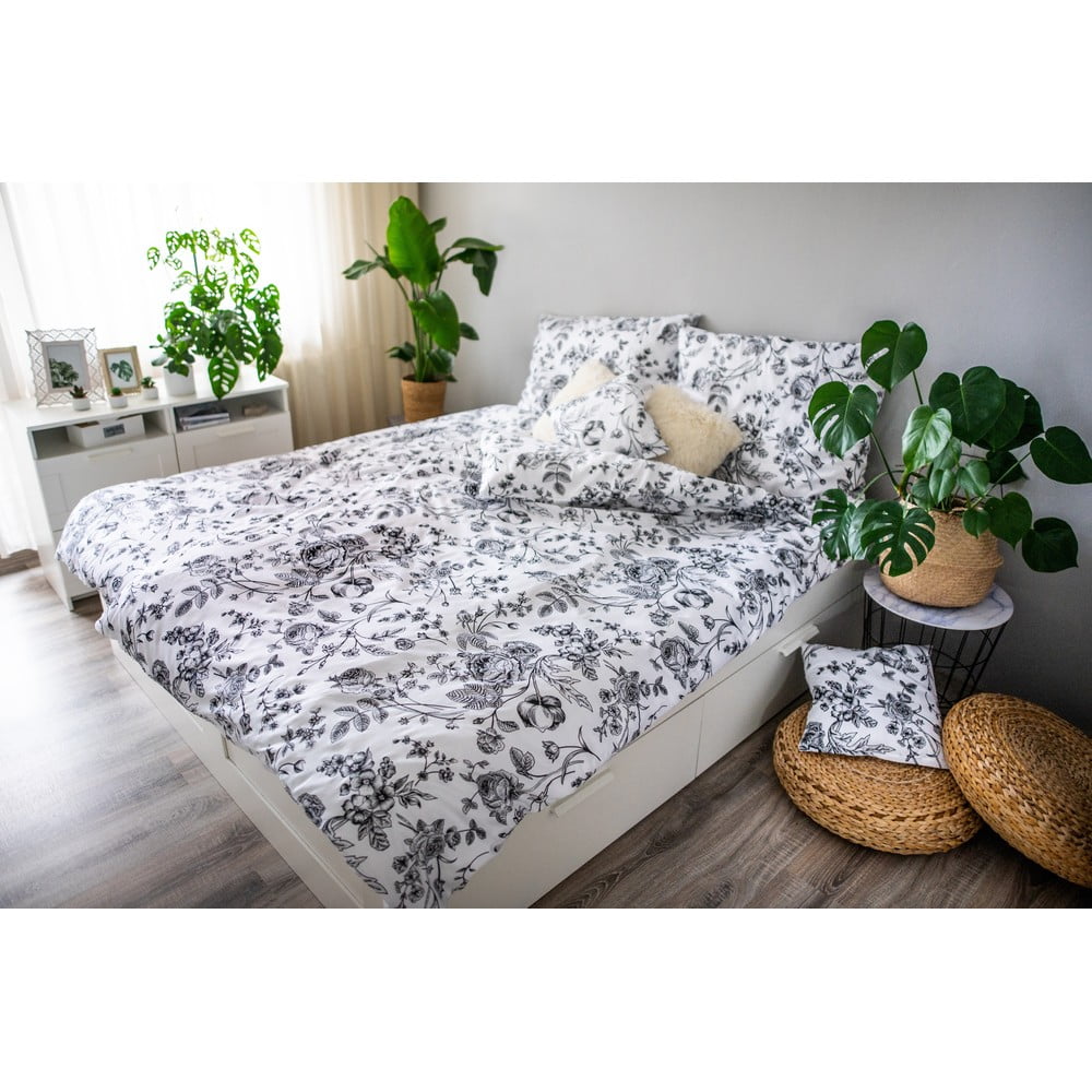 Lenjerie de pat din bumbac satinat Cotton House Flower, 140 x 200 cm, alb – negru bonami.ro imagine 2022