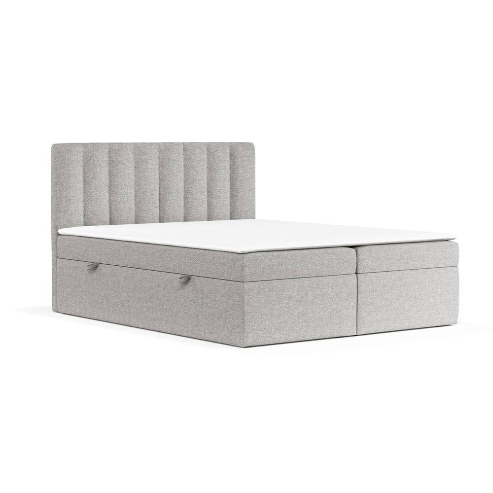 Pat boxspring gri deschis cu spațiu de depozitare 140x200 cm Novento – Maison de Rêve