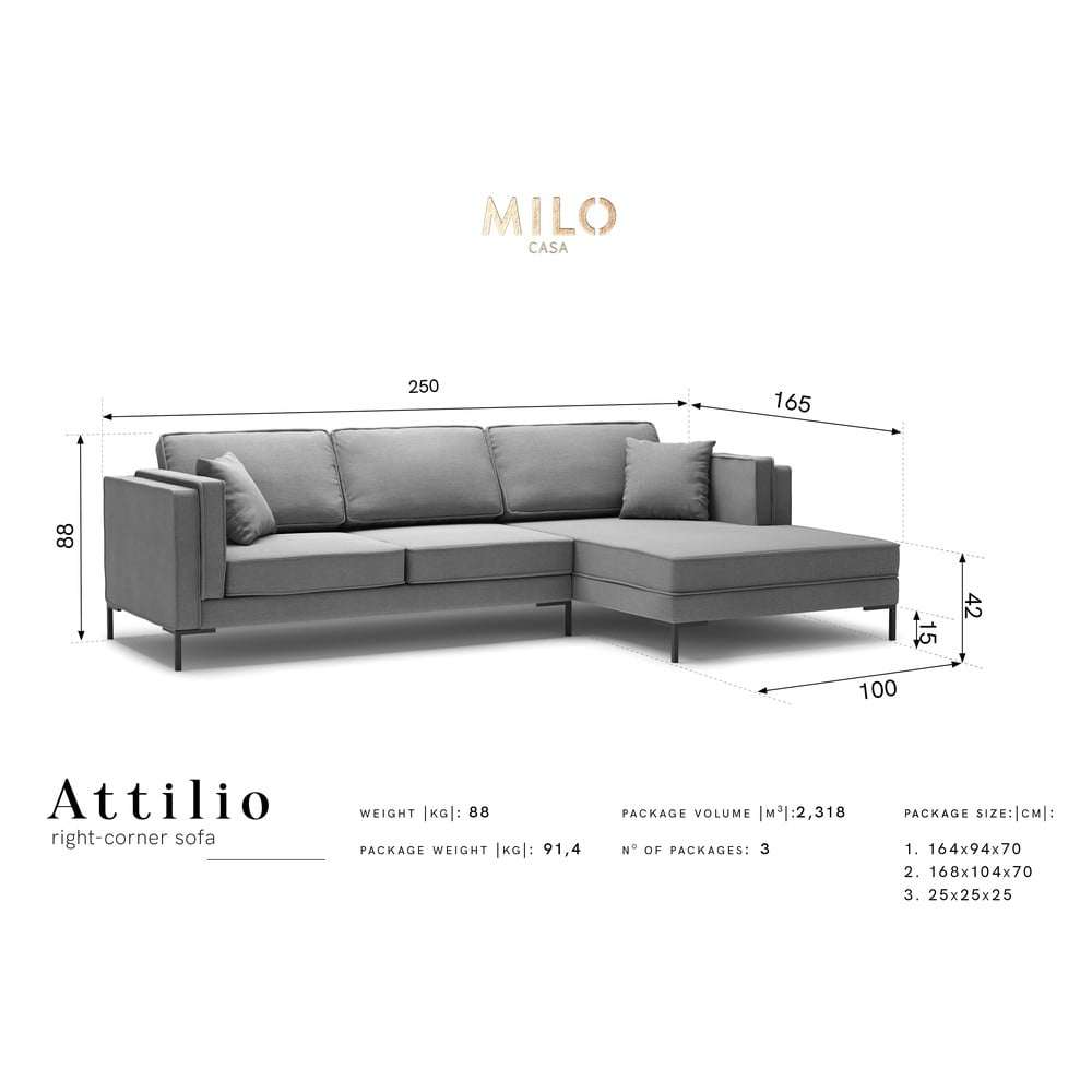 Colțar cu șezlong parte dreaptă Milo Casa Attilio, gri Attilio imagine noua somnexpo.ro