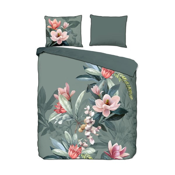 Lenjerie de pat din bumbac organic pentru pat dublu Descanso Rose, 200 x 200 cm, verde