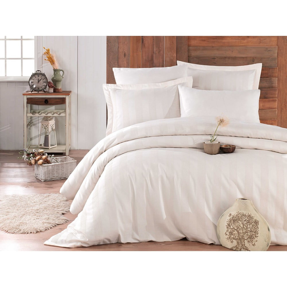 Lenjerie de pat din bumbac satinat pentru pat dublu cu cearșaf Hobby Wafel, 200 x 220 cm, crem 200