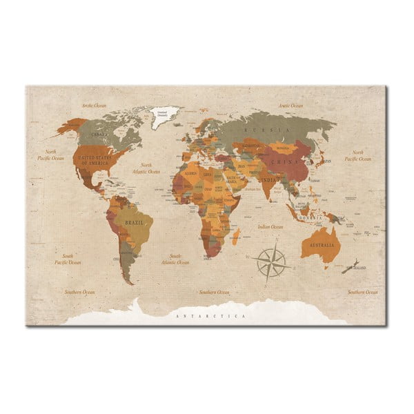 Avizier cu harta lumii Bimago Beige Chic, 90 x 60 cm