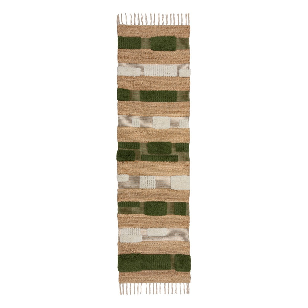 Covor tip traversă verde/în culoare naturală țesut manual din amestec de iută 60x230 cm Medina Blocks – Flair Rugs