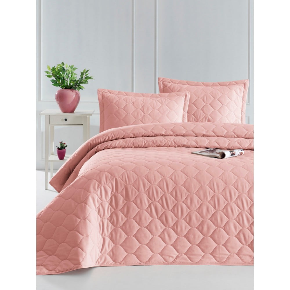 Cuvertură de pat cu 2 fețe de pernă din bumbac ranforce EnLora Home Fresh, 225 x 240 cm, roz