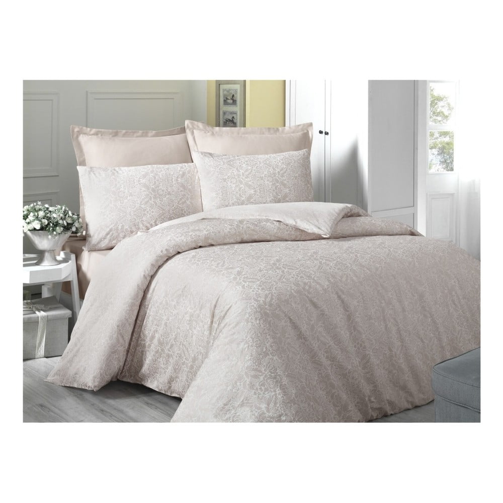 Lenjerie de pat cu cearșaf din bumbac satinat, pentru pat dublu Victoria Cream, 200 x 220 cm bonami.ro imagine 2022
