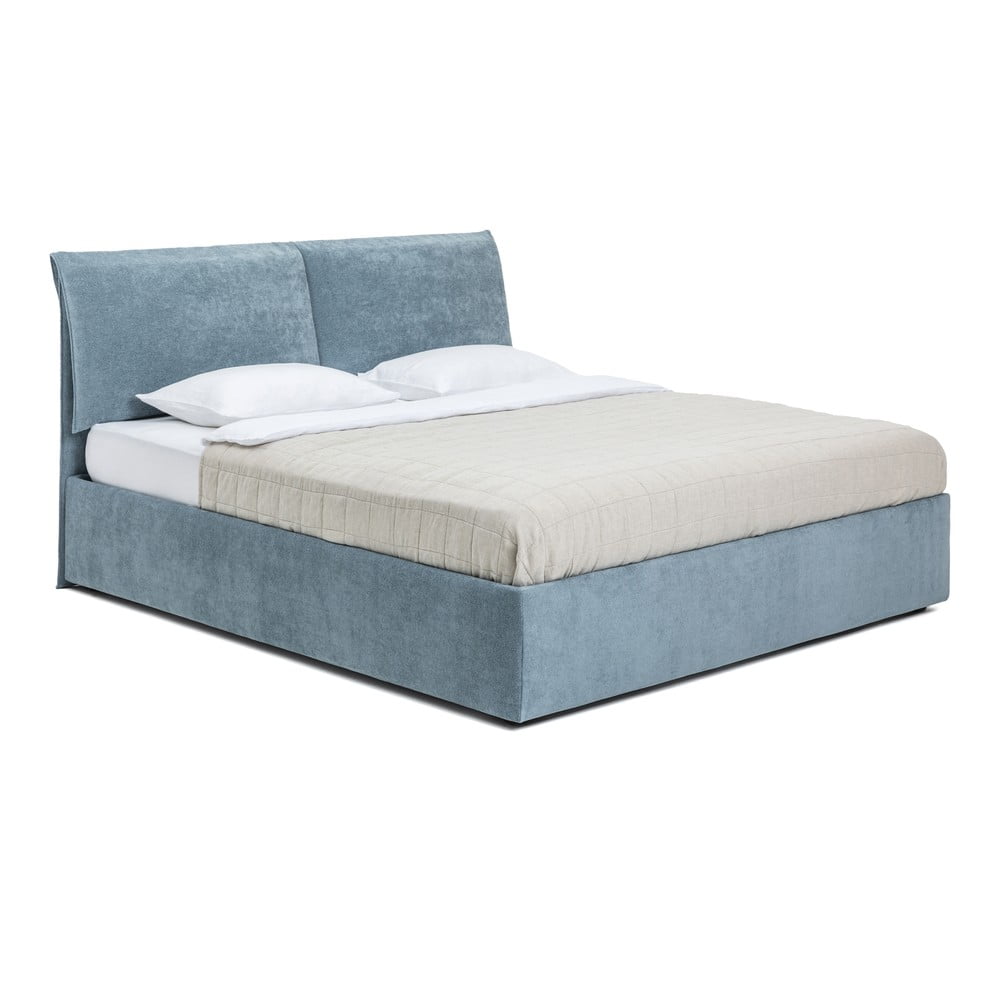 Pat matrimonial albastru tapițat cu spațiu de depozitare cu somieră 180x200 cm Thessa Pillow – Bonami Selection